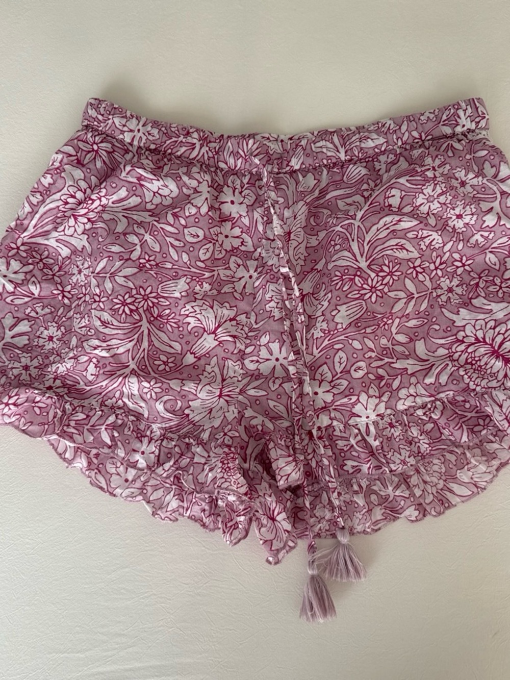 100% Cotton Floral Pink Ruffle Pajama Shorts with Tassel Drawstring